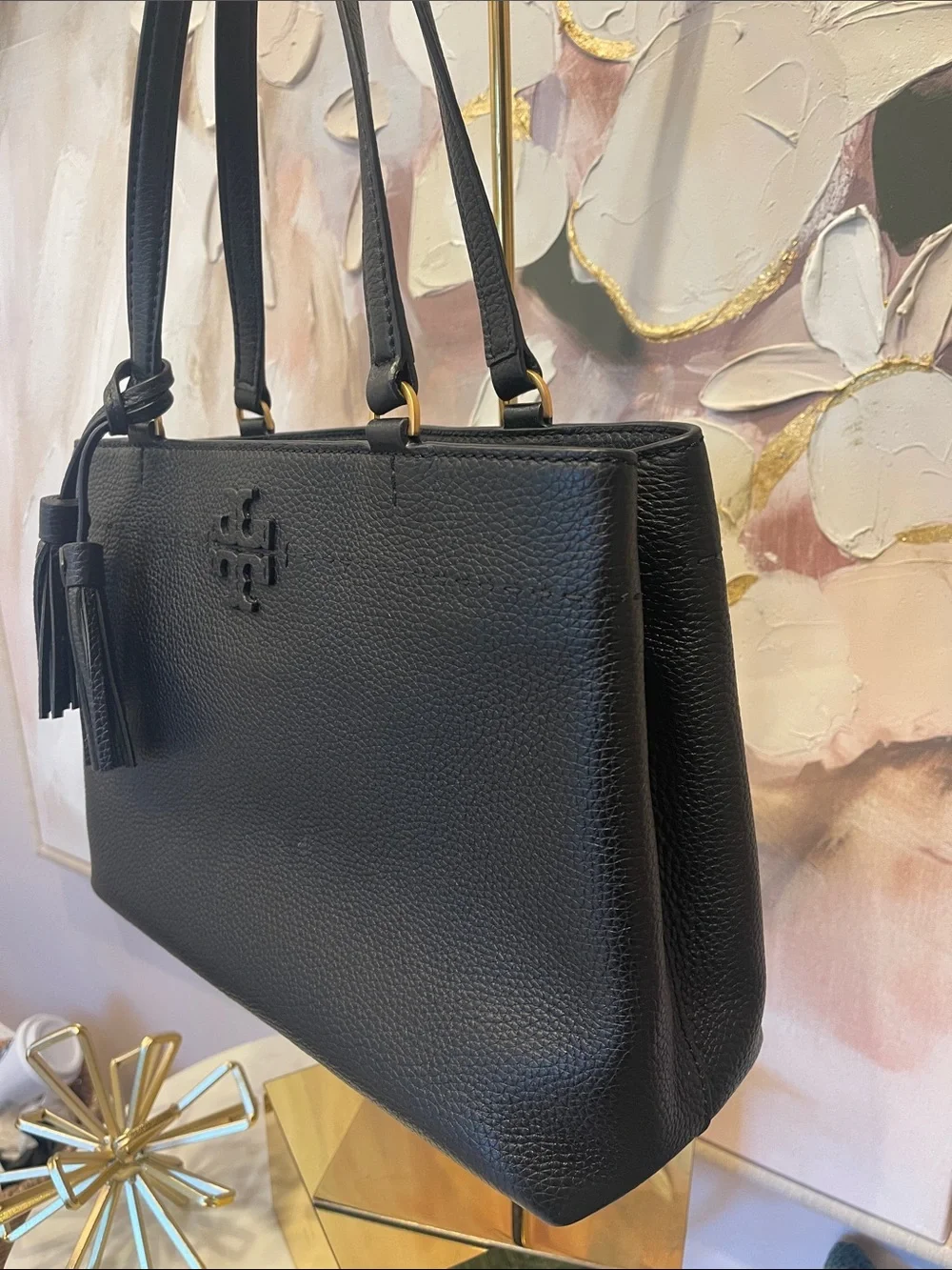 Tory Burch Black Pebbled Leather Tote with Tassels - Picture 2 of 7